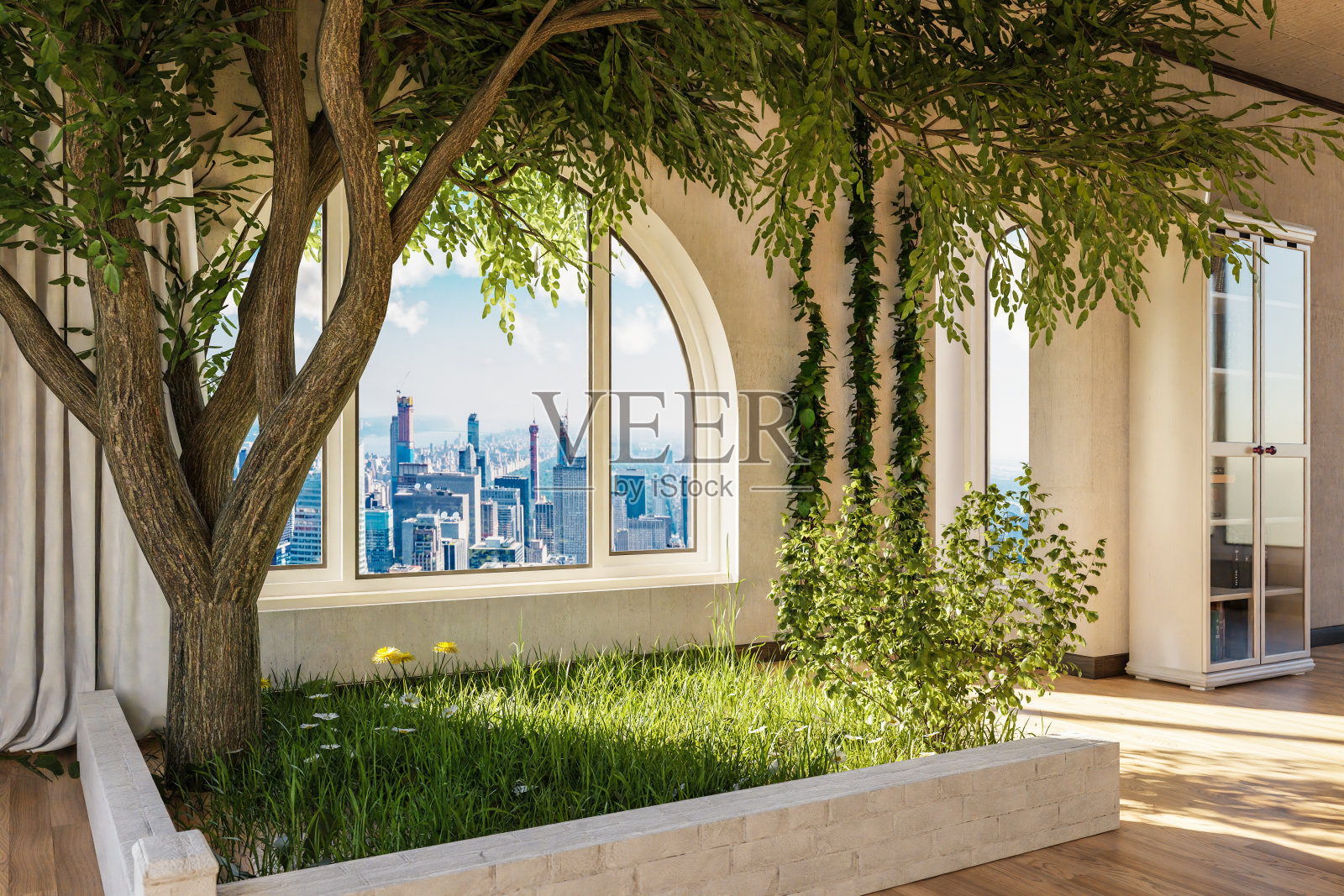 市中心带拱形窗的Loft公寓;室内花园，绿树成荫;出差远程工作理念;三维演示照片摄影图片