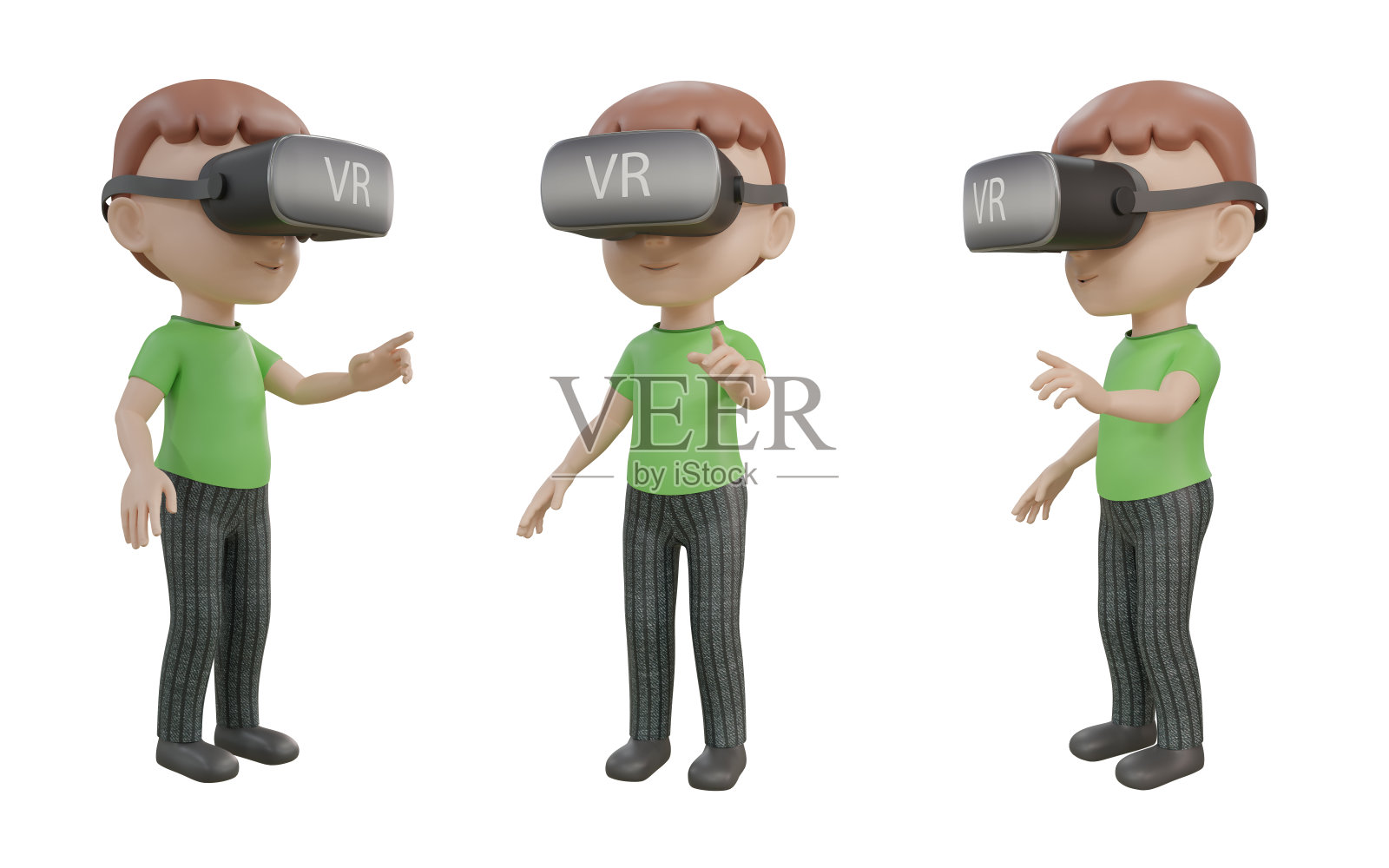 一个卡通男孩从不同角度戴着虚拟现实耳机的3D渲染图像照片摄影图片