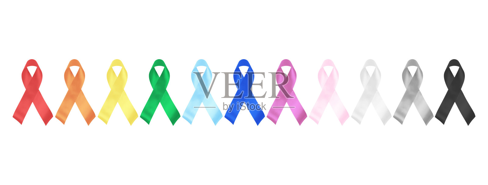 白色背景上的彩色意识丝带。世界癌症日概念，2月4日。医疗保健和医药照片摄影图片