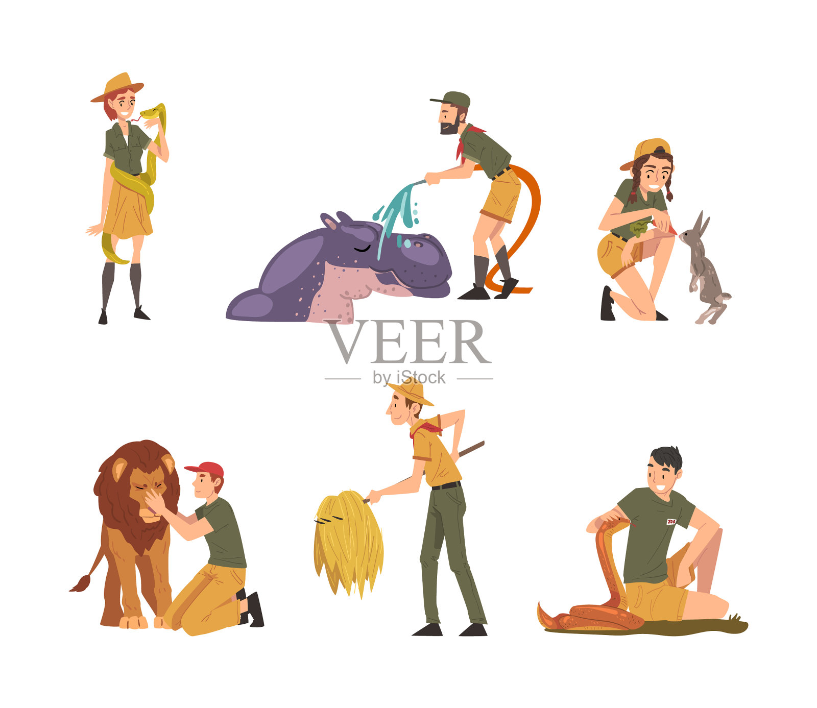 男女动物园管理员从事日常照顾插画图片素材