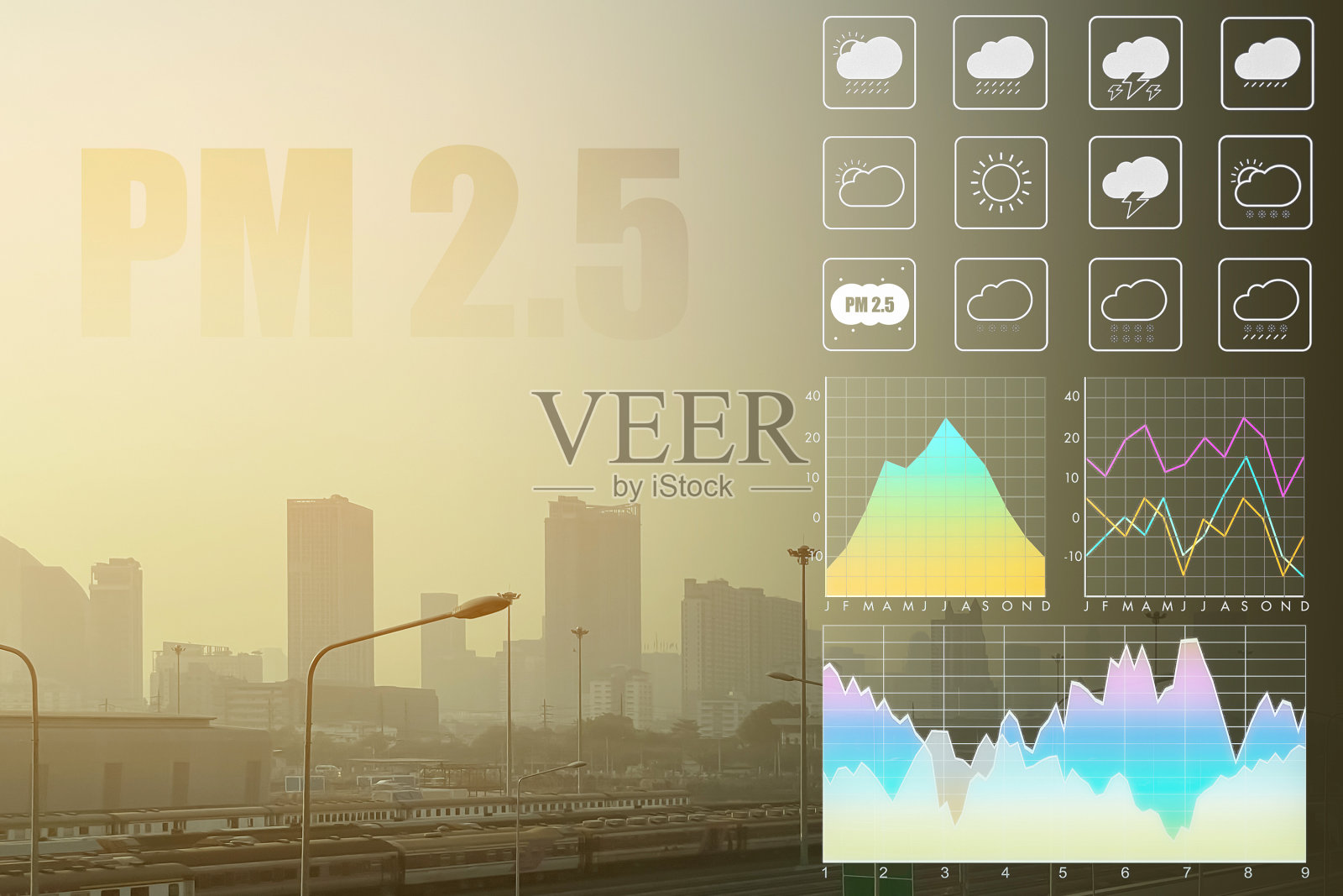 城市有害PM 2.5粉尘造成的环境问题图像，附有气象介绍和报告背景的气象符号图表。照片摄影图片