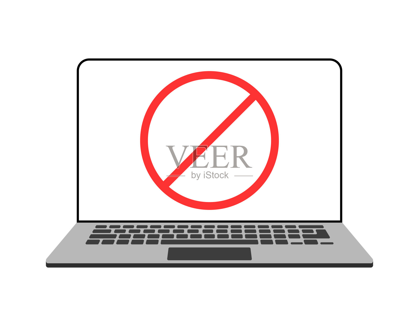 禁止使用笔记本电脑的标志。警告，笔记本电脑屏幕上有禁止使用的标志，安全系统插画图片素材