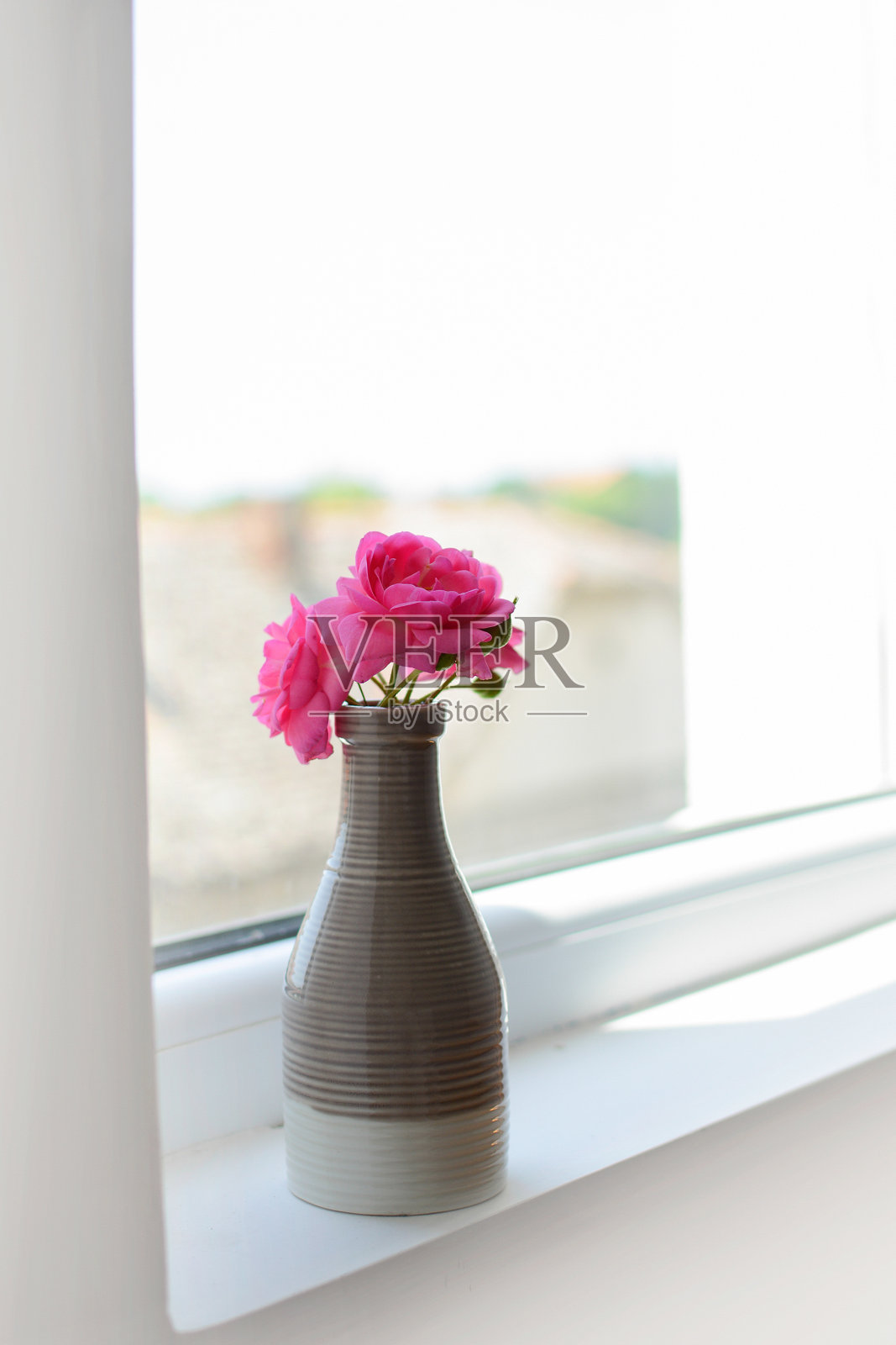 客厅的窗户上有一个棕色和白色的花瓶，上面有粉红色的玫瑰花。照片摄影图片