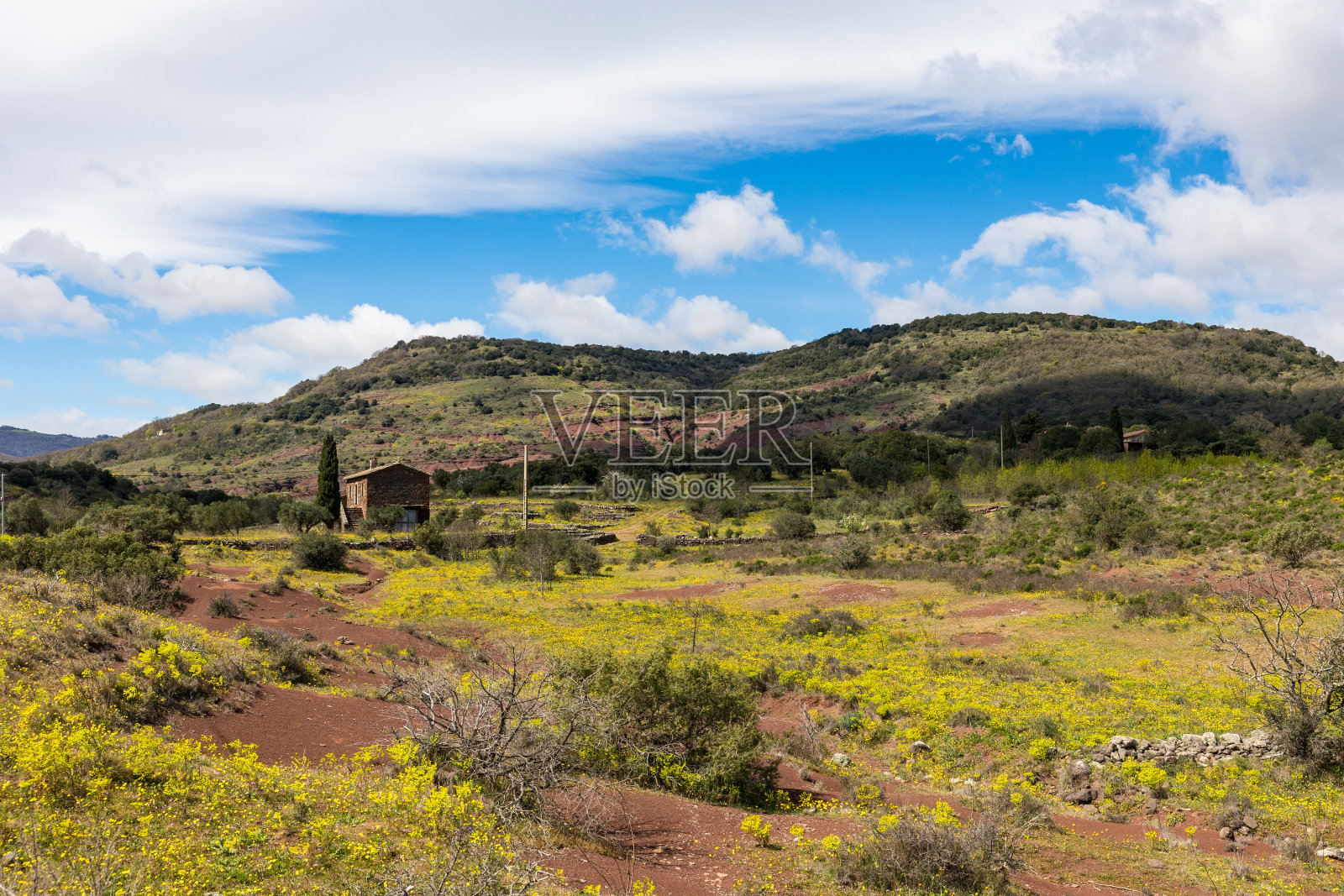 位于卡鲁高原及其丘陵脚下的西部背景中的红色小石屋照片摄影图片