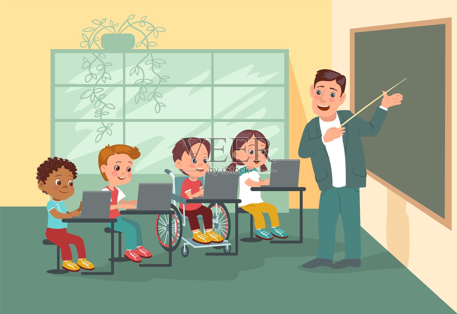 残疾儿童在教室里。孩子的教育。老师在黑板旁边给学生讲解课文。受伤的小学生坐在轮椅上。包容性学校学习。精彩的矢量概念插画图片素材
