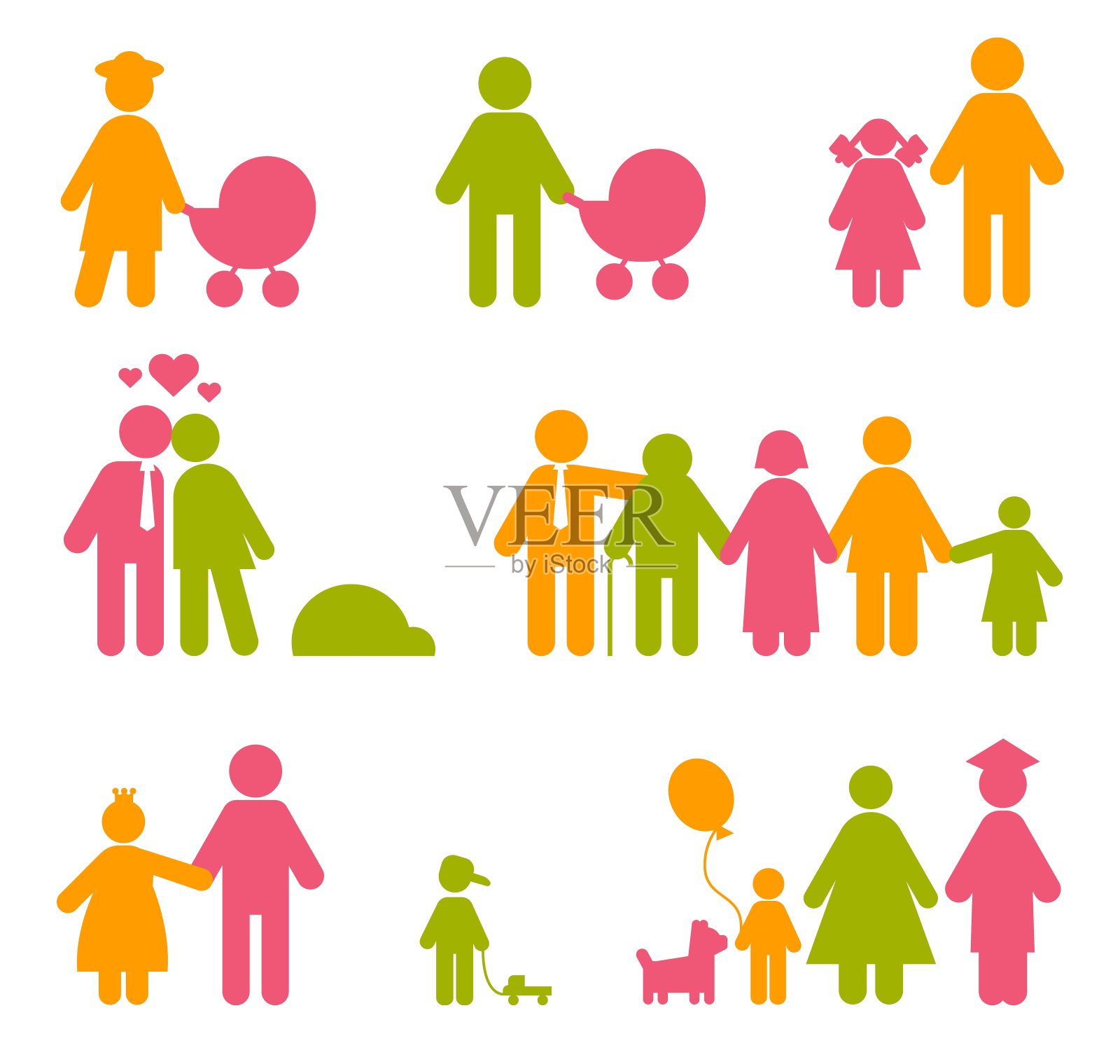 彩色家庭图标。社交生活的标志。伙伴关系和童年。情侣之间的浪漫关系。母性和爱。带孩子的父母。矢量亲子剪影象形图集图标素材
