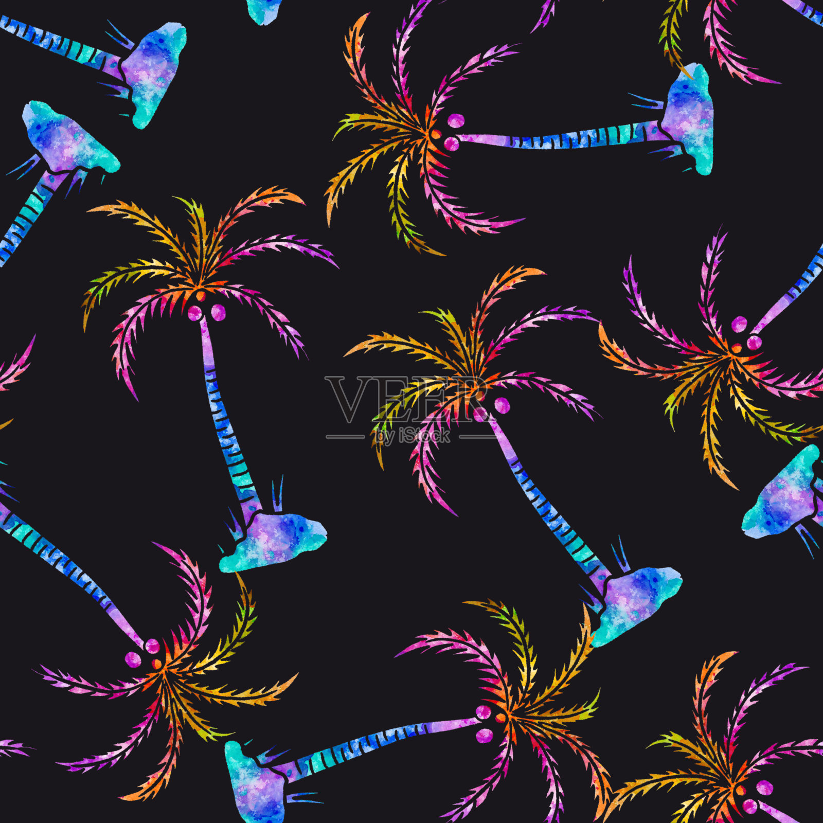 棕榈树在黑色背景水彩无缝图案插画图片素材