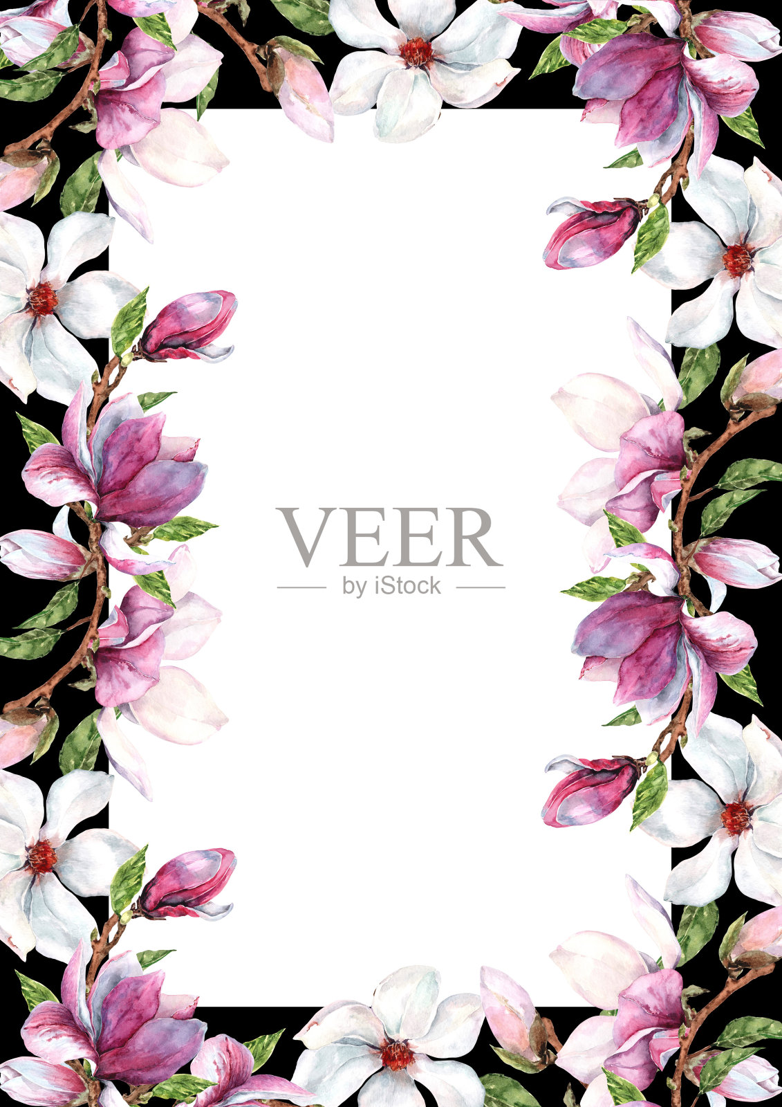 美丽的矩形框架与异国情调的木兰花。花的春天组成与盛开的粉红色的花在一个绿色的叶子和芽枝。明信片手绘水彩插图。插画图片素材