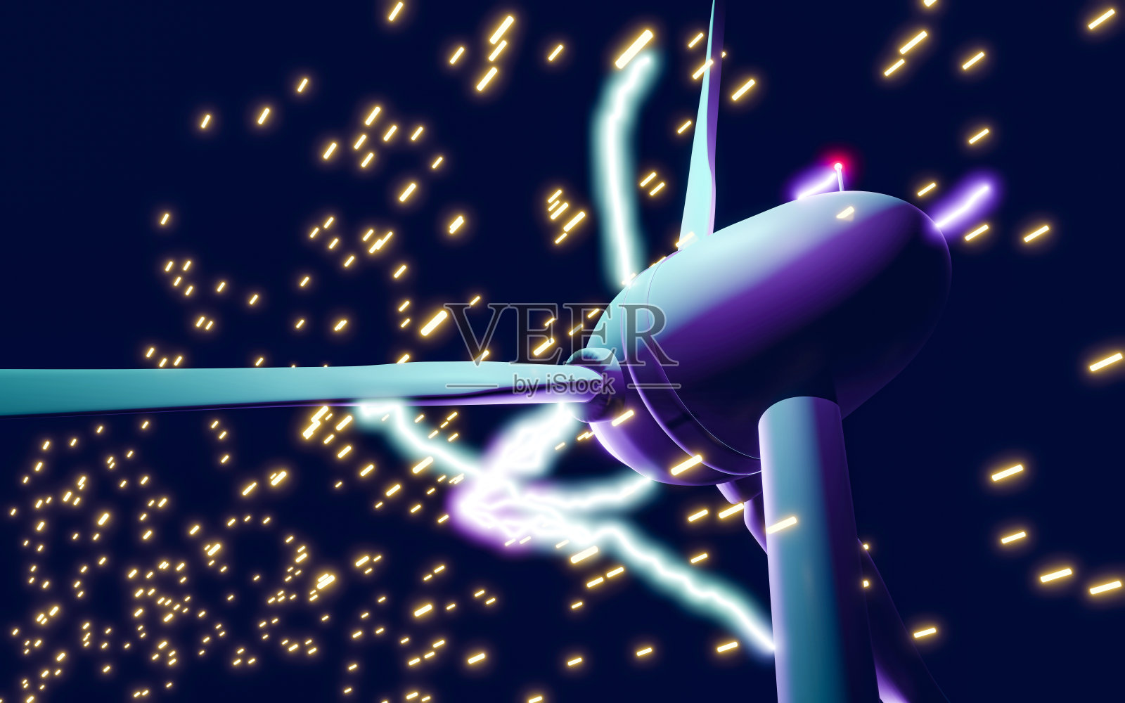 金色的发光颗粒表明风的流动，叶片因闪电和电而发出紫色的光。风力发电图像照片摄影图片