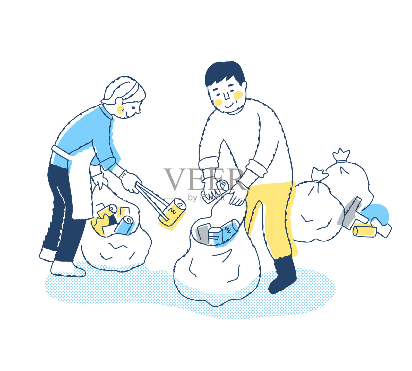 男男女女在捡空罐头之类的垃圾插画图片素材