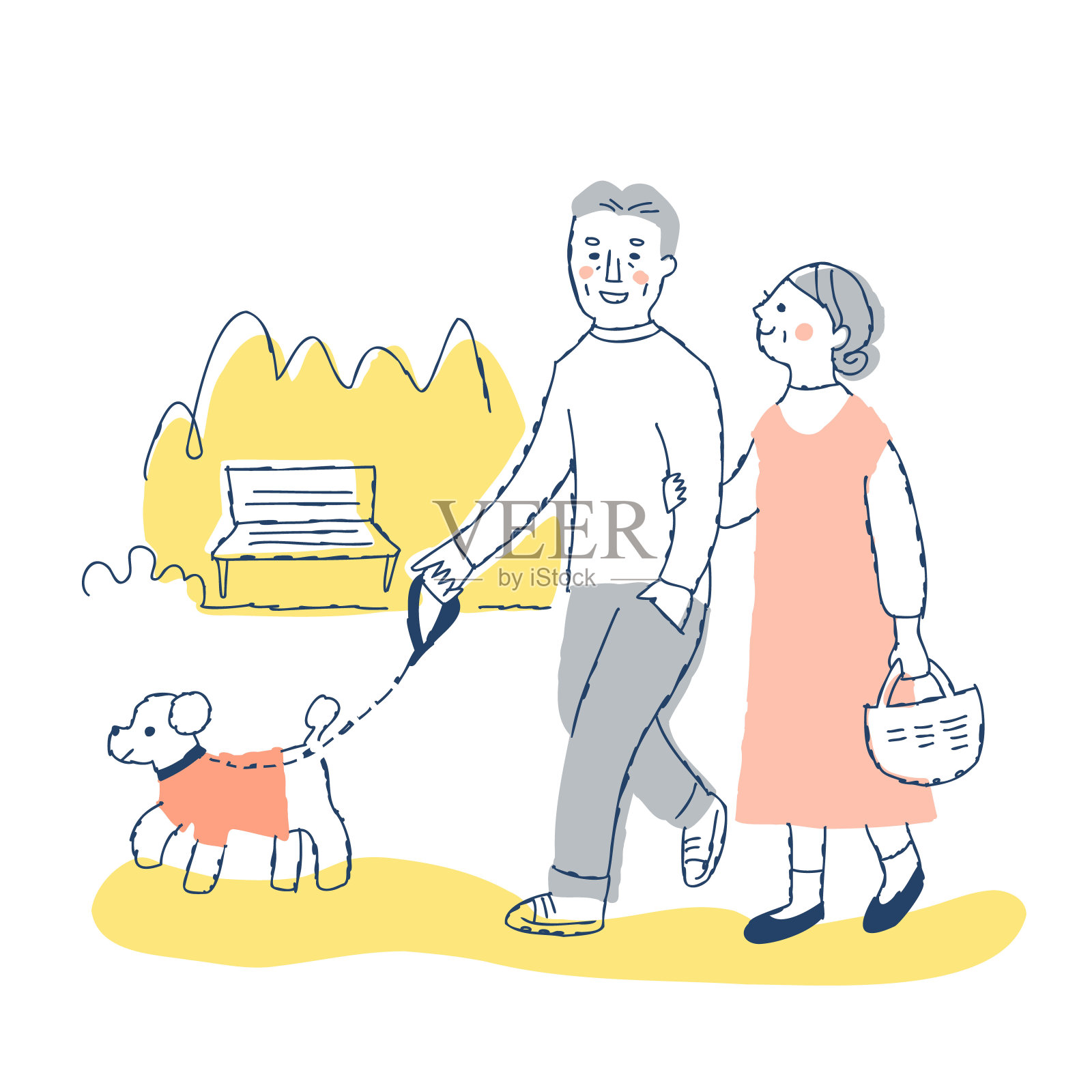 老夫妇在遛狗插画图片素材