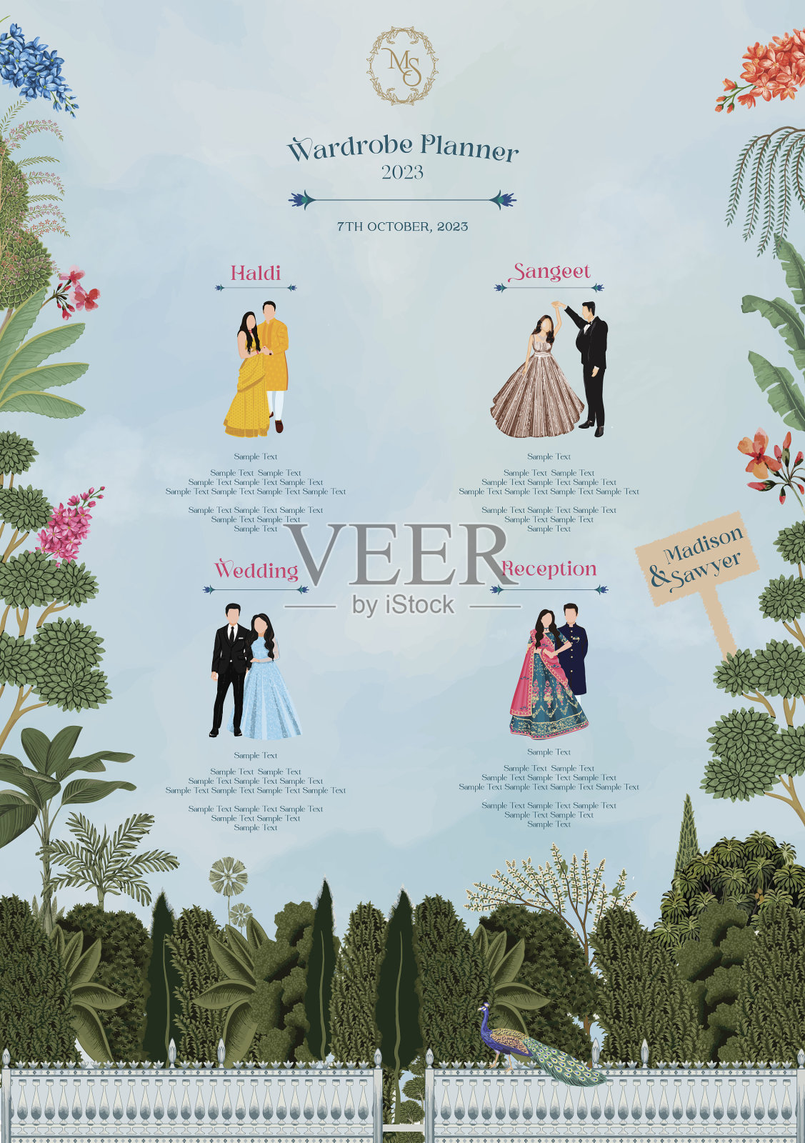 传统的莫卧儿婚礼服装规划师插画图片素材