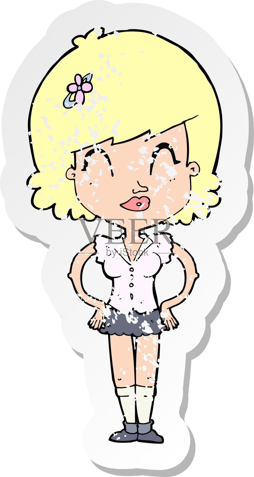 一个卡通快乐女人的复古苦恼贴纸插画图片素材