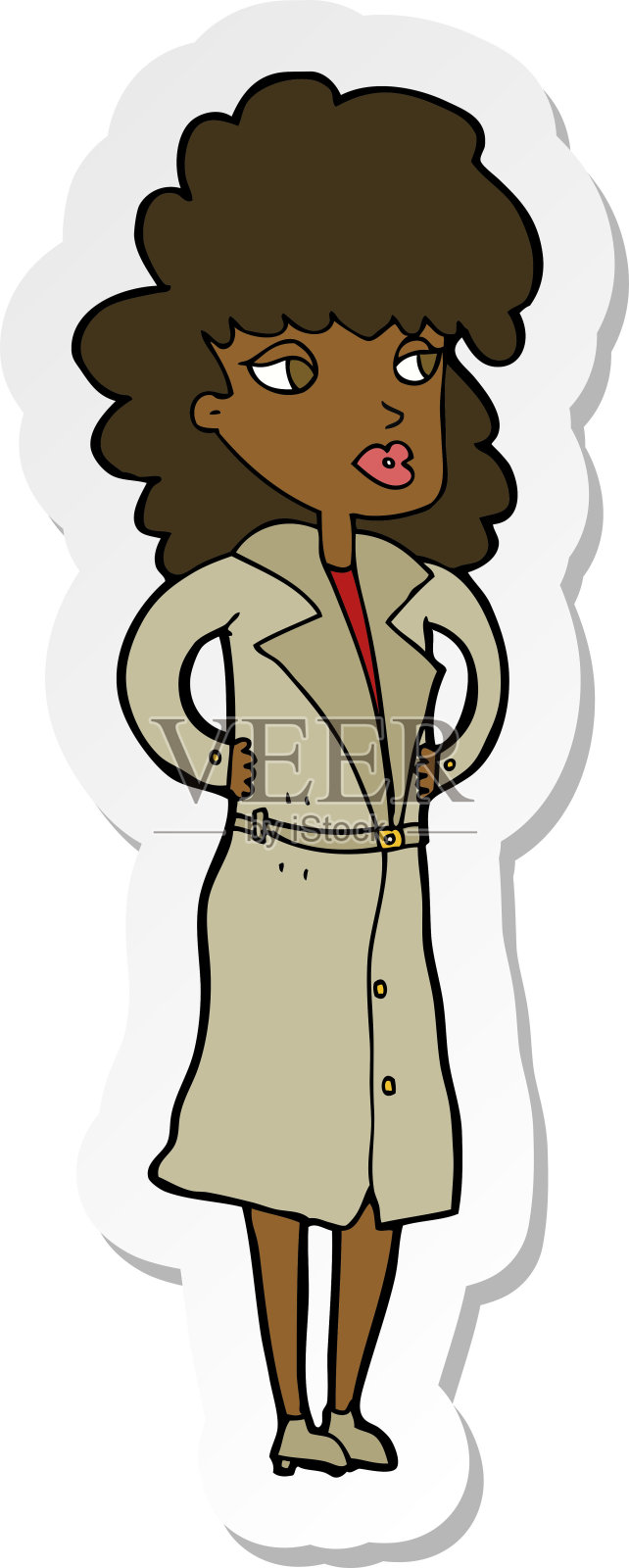 一个卡通女人穿着风衣的贴纸插画图片素材