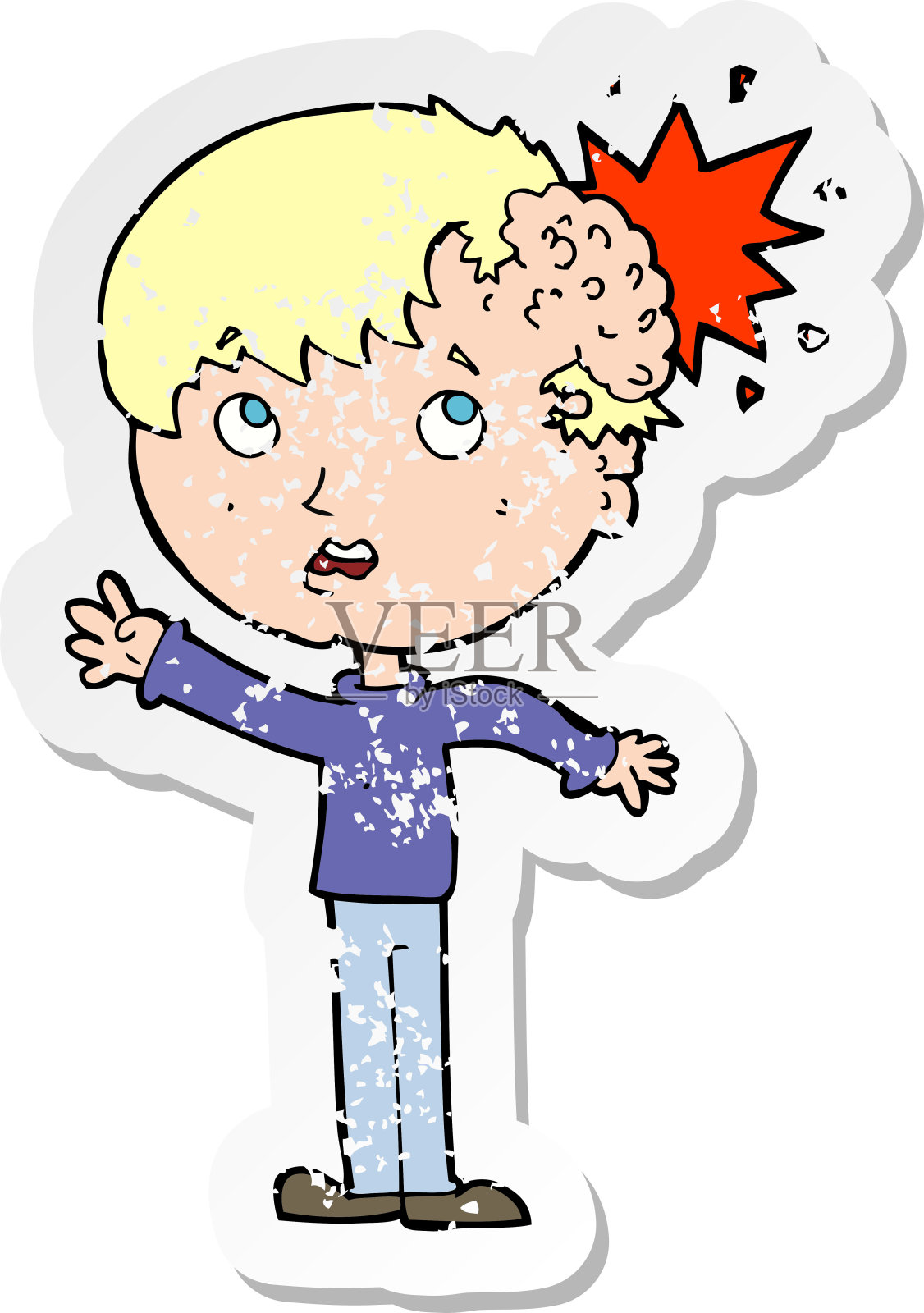 一个受伤的卡通头部的复古心疼贴纸插画图片素材