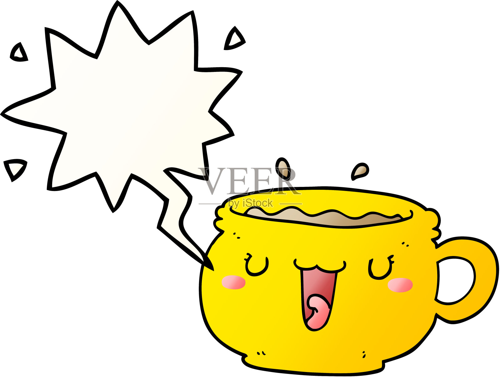 可爱的卡通咖啡杯与语音泡沫在光滑的渐变风格插画图片素材