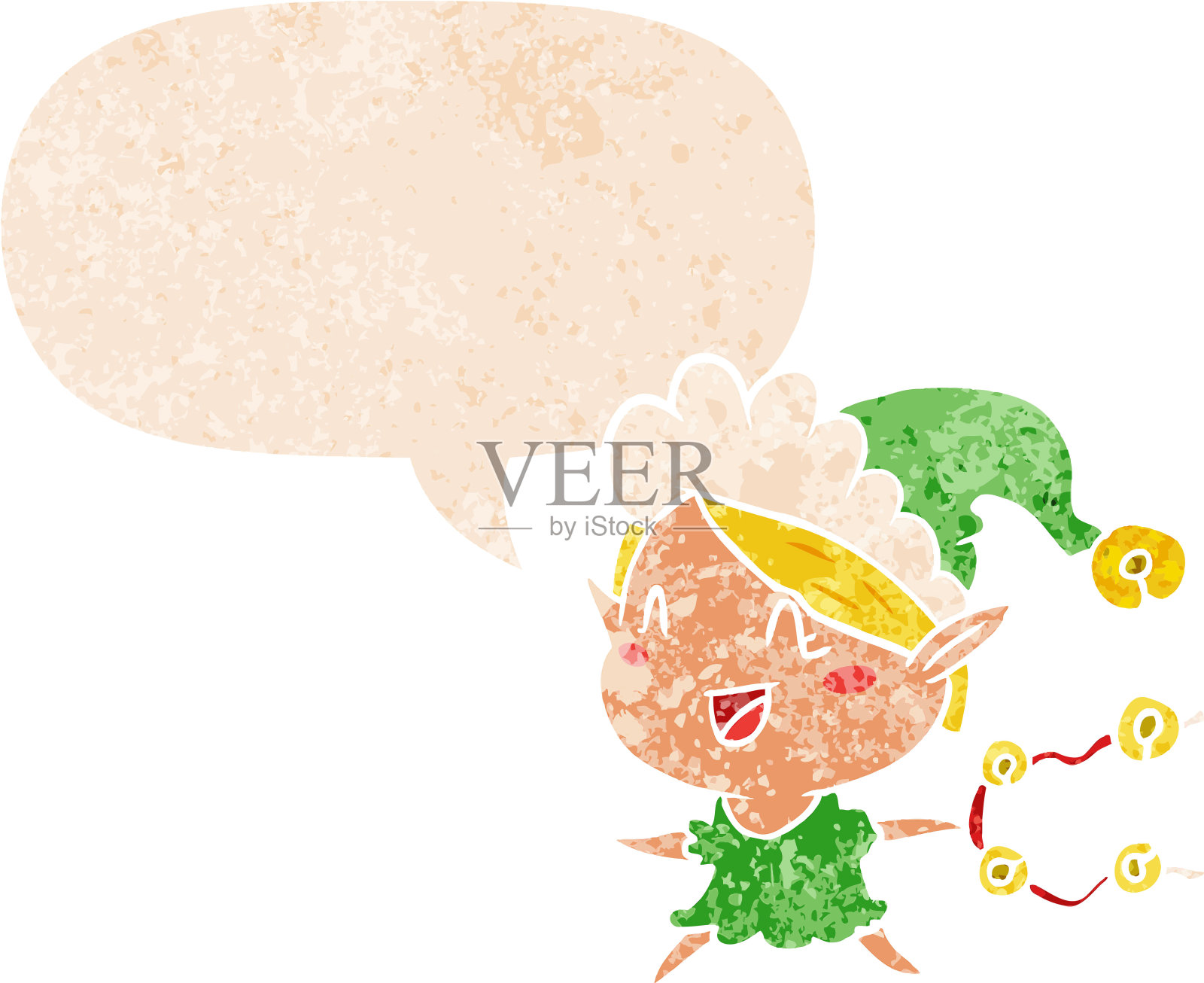 卡通快乐的圣诞精灵与语音泡沫在垃圾垃圾心疼复古纹理风格插画图片素材