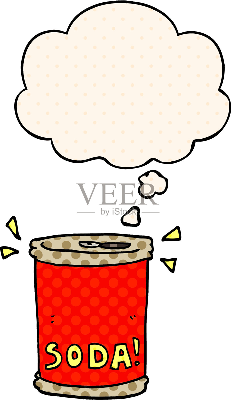 漫画风格的带有思想泡泡的卡通汽水罐插画图片素材