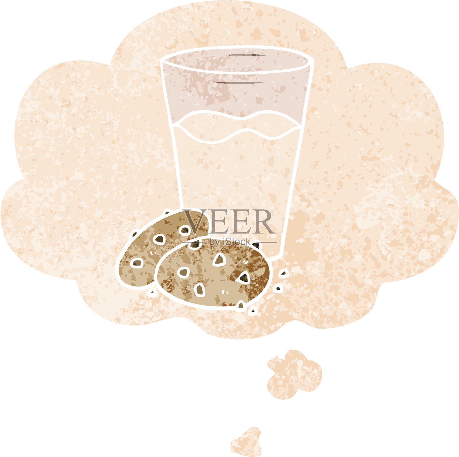 卡通饼干和牛奶与思想泡沫在垃圾心疼复古纹理风格插画图片素材