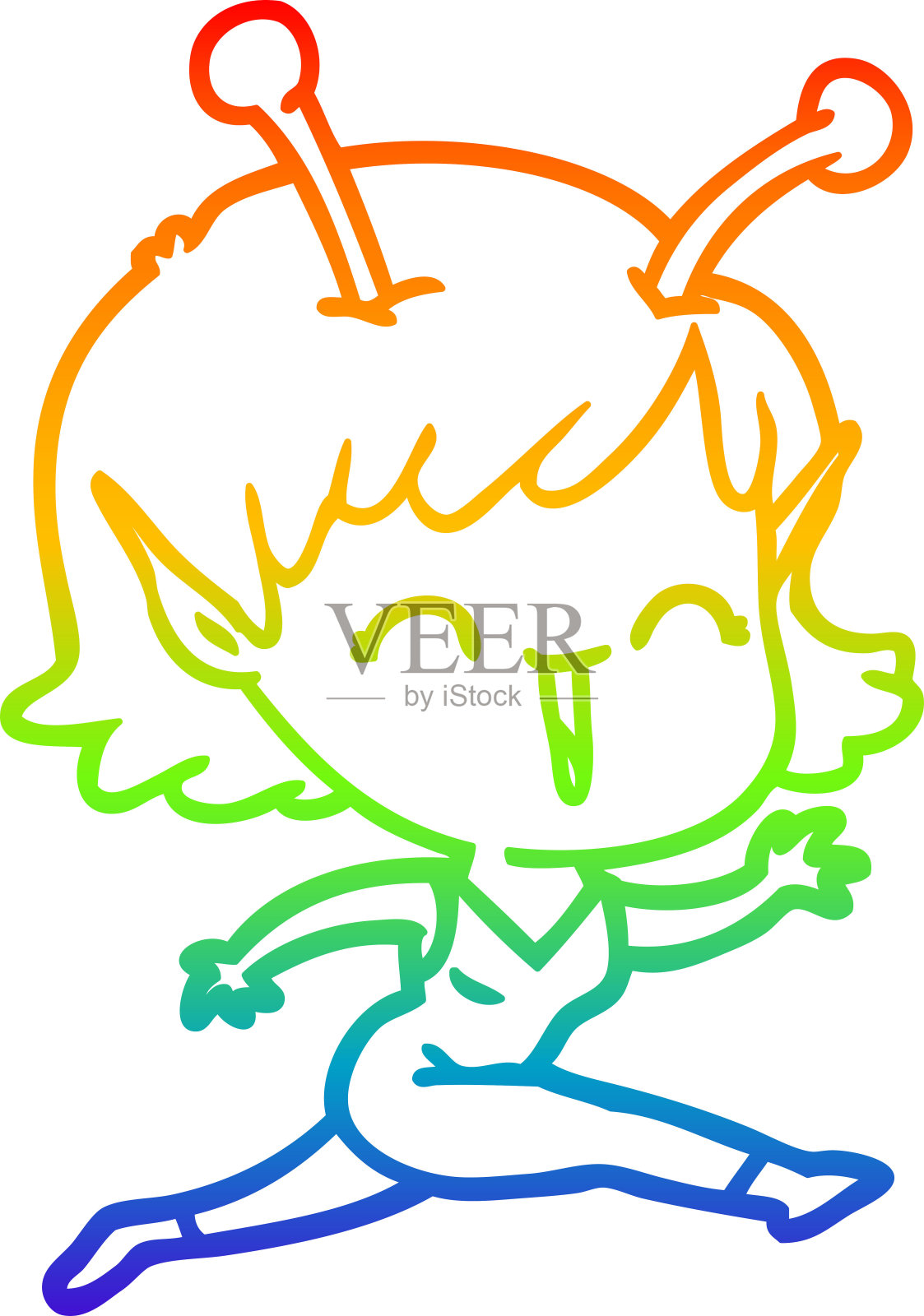 彩虹渐变线条绘制的一个笑着的卡通外星女孩插画图片素材