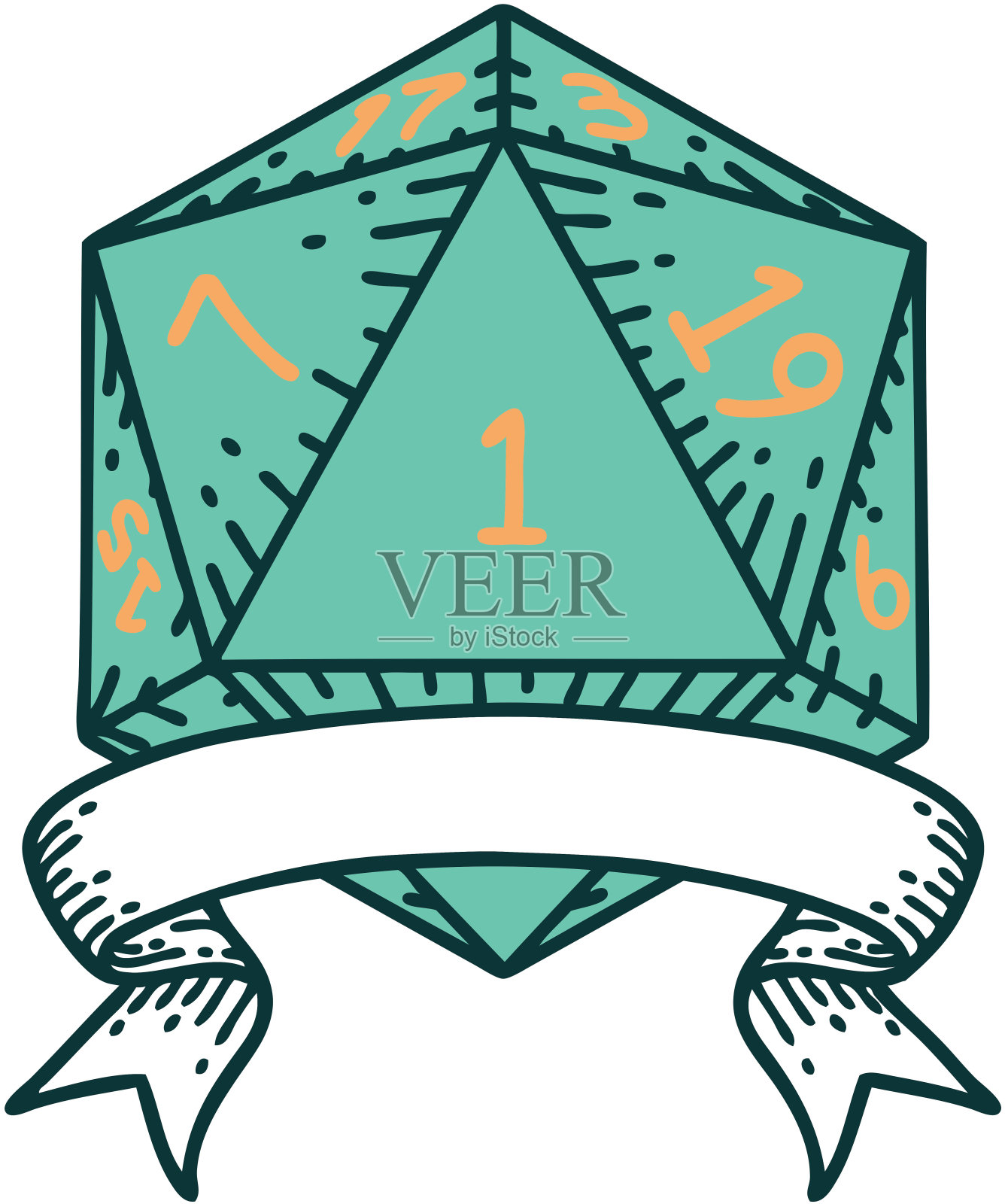 复古纹身风格自然一个d20骰子滚动插画图片素材