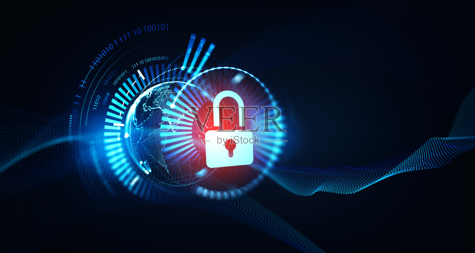 地球和网络安全全息图与锁和网络空间照片摄影图片