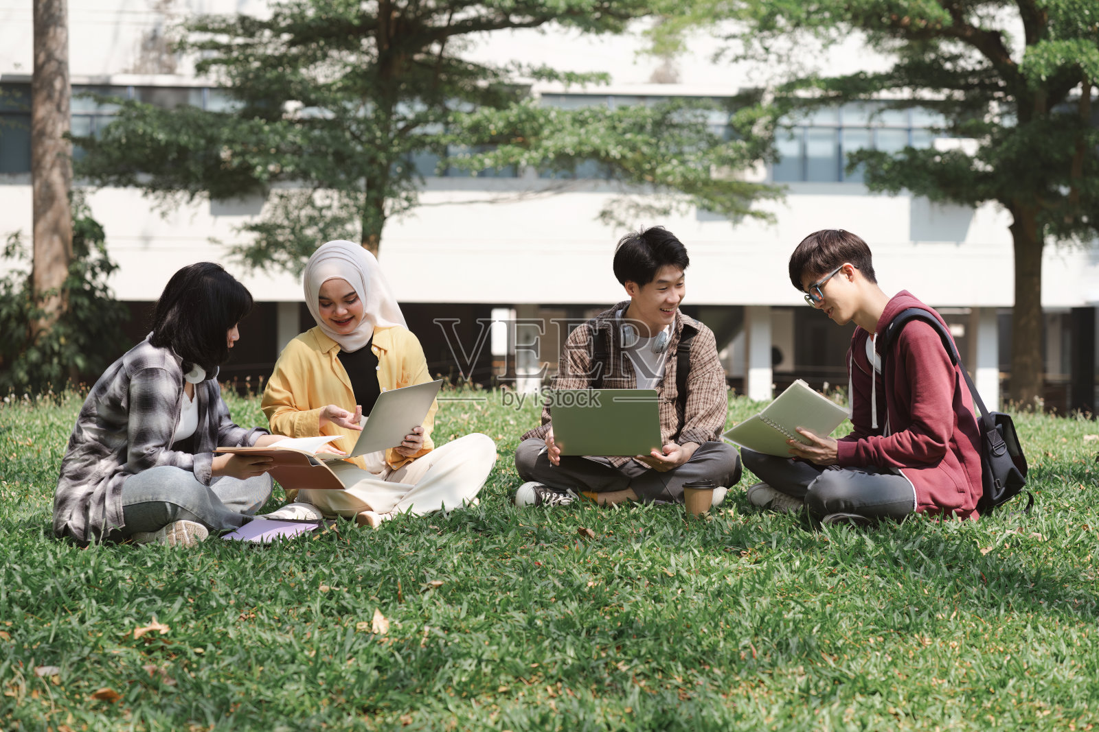 图为一群多民族的亚洲大学生坐在校园附近的草地上一起学习。照片摄影图片