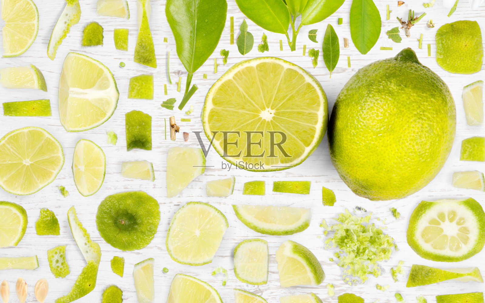 青柠片和叶子收集照片摄影图片