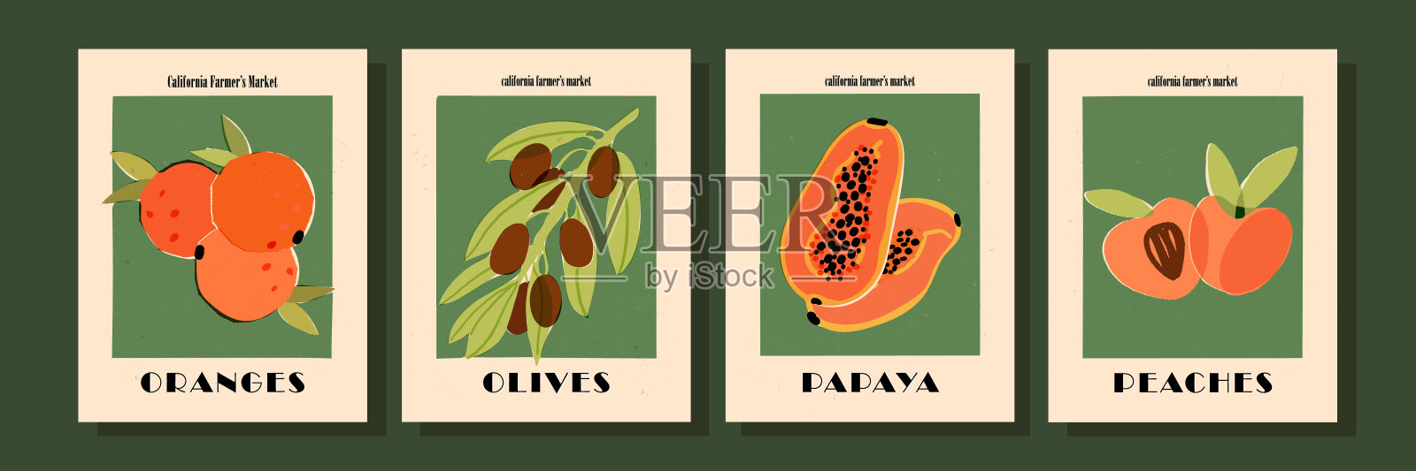 复古风格的异国水果艺术印刷，素食主义者，素食食品，20世纪20年代的厨房海报集。木瓜、桃子或杏子、橄榄、橙子等室内装饰。插图矢量横幅。插画图片素材
