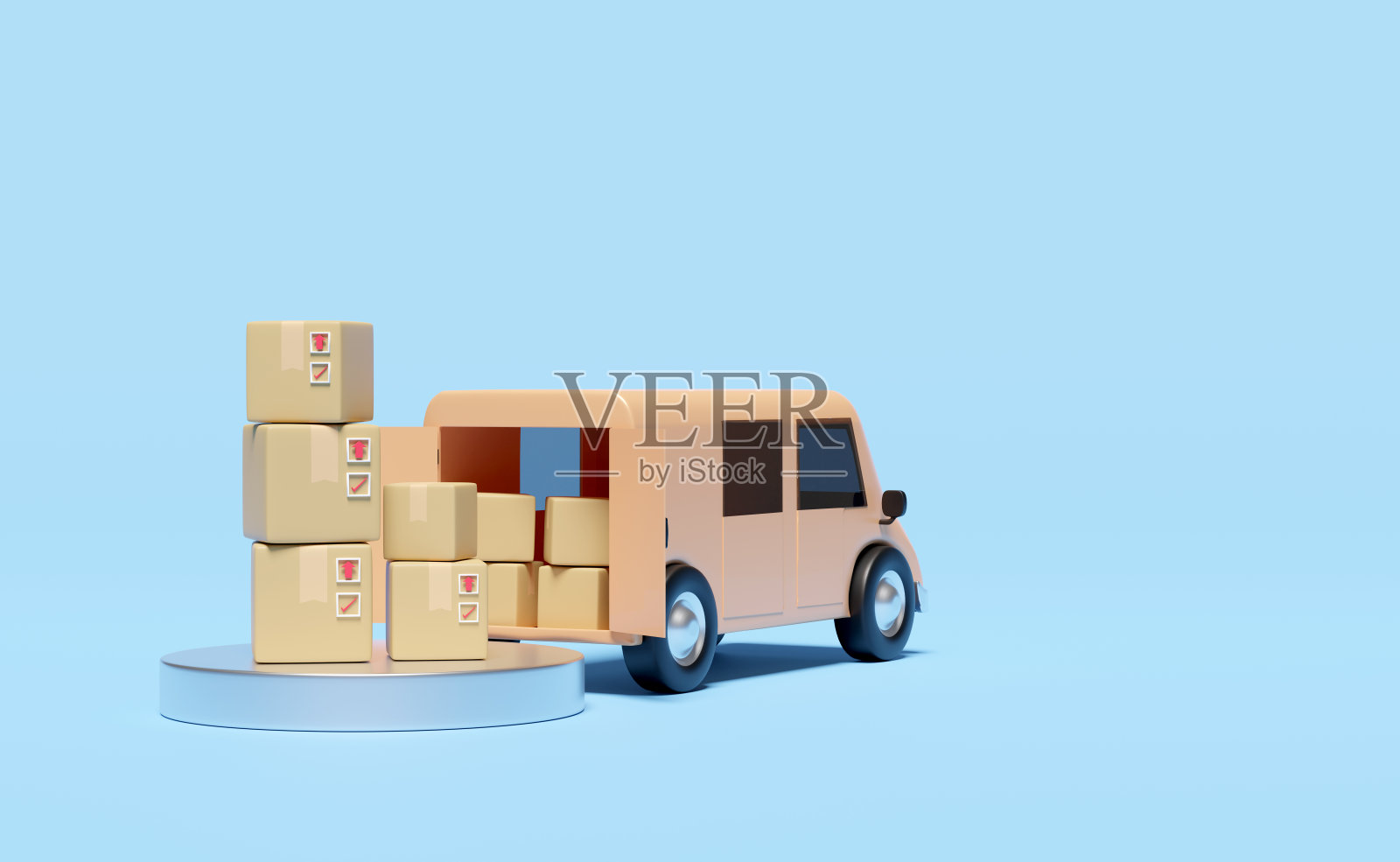 3d卡车，橙色货车，蓝色背景上的货物纸箱。服务，运输，航运概念，3d渲染插图照片摄影图片