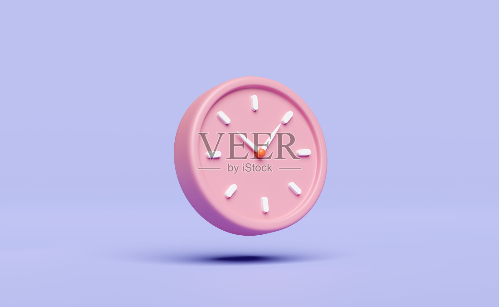 卡通人物粉红色闹钟唤醒时间早上与空间隔离的紫色或紫色的背景。最小的设计概念，3d插图或3d渲染照片摄影图片