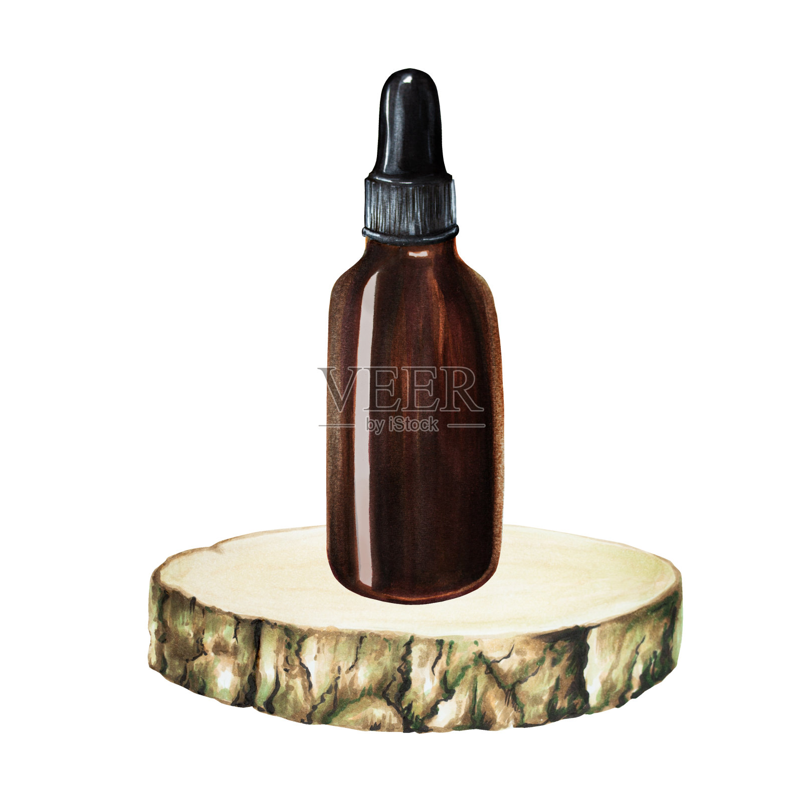 水彩瓶的血清，奶油与移液管上的木锯切割孤立的白色背景。美容产品及植物元素、美容及医药。对于设计师来说，水疗中心装饰，明信片，包装纸，剪贴簿，封面，请柬，p插画图片素材