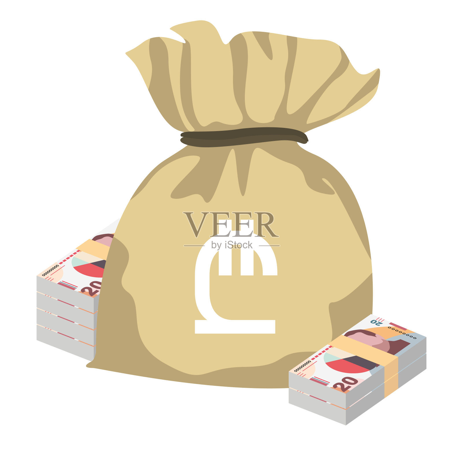 格鲁吉亚拉里矢量插图。格鲁吉亚货币集捆钞票。钱袋20 GEL。平的风格。孤立在白色背景上。简单的最小设计。插画图片素材