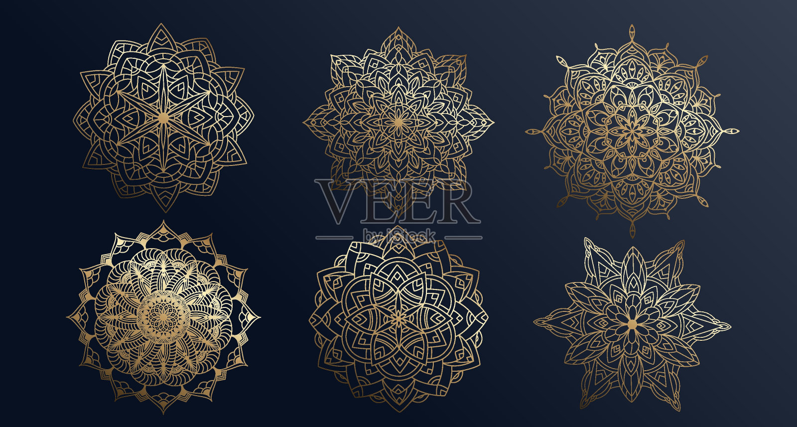 手绘集黄金梯度曼陀罗与花卉元素。美丽的复古波西米亚装饰。装饰民族马赛克东方图案。矢量轮廓草图插图孤立的蓝色背景插画图片素材