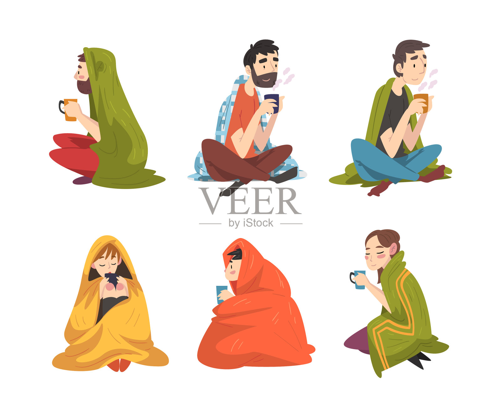 男人和女人坐在舒适的格子布上插画图片素材