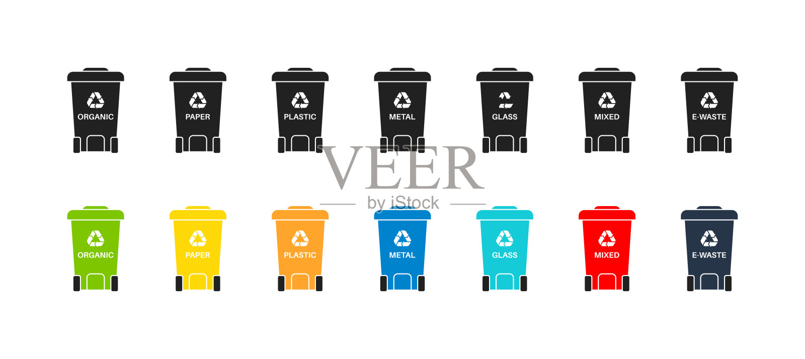 垃圾可以设置与分类垃圾。黑色和彩色。矢量EPS 10插画图片素材