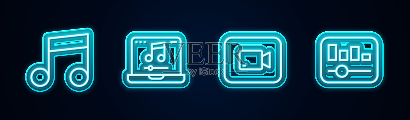 设置线音乐笔记，音调，笔记本电脑与音乐，播放视频按钮和均衡器。发光的霓虹灯图标。向量图标素材