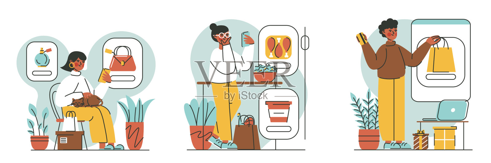 购物集不同的女士在网上商店购物在家插画图片素材