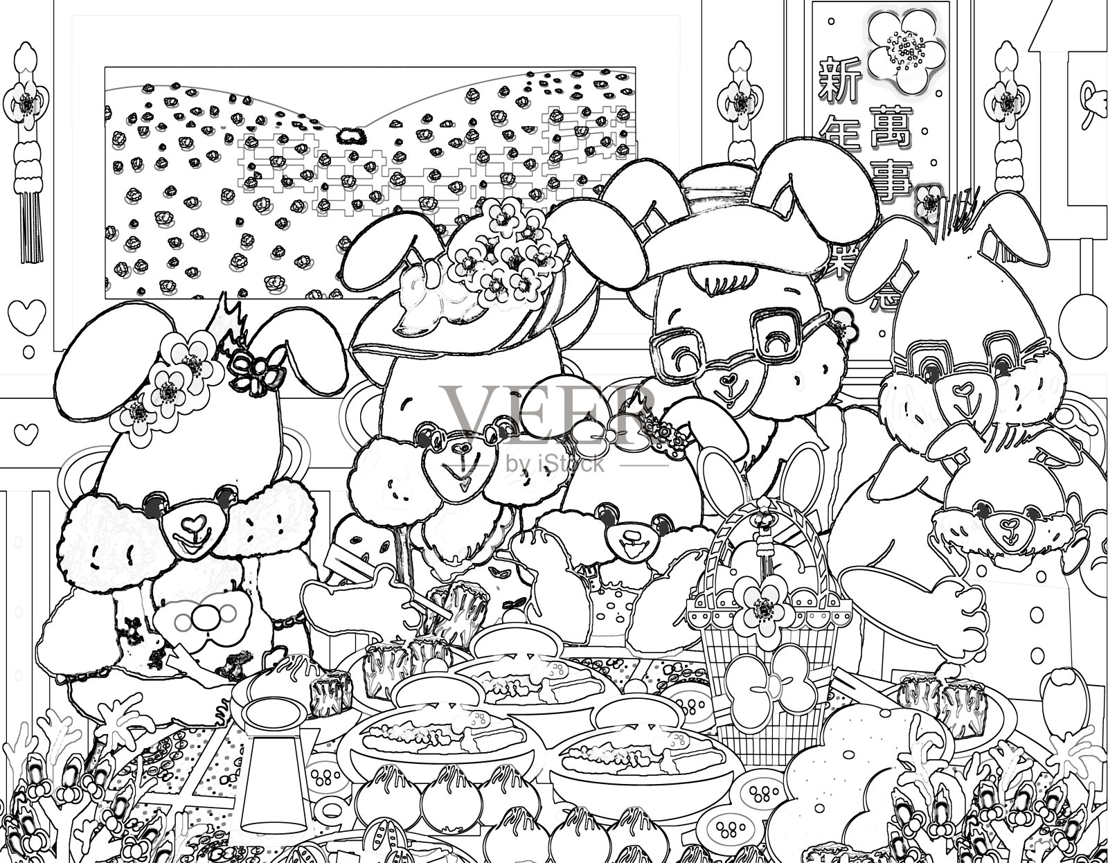 明亮的卡通兔子兔一家愉快地吃点心早餐着色页插图2023插画图片素材