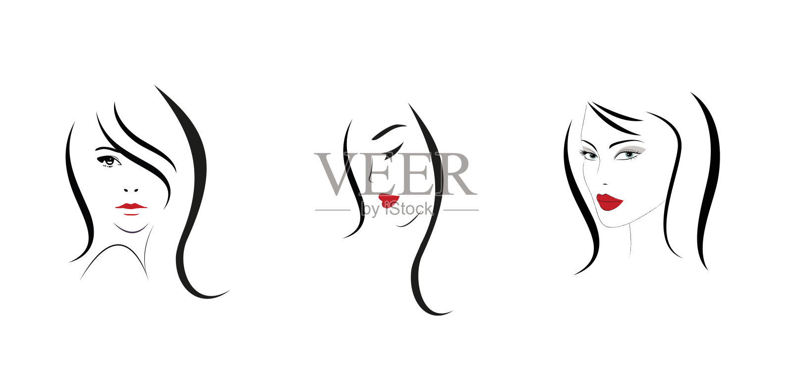 一套美丽的年轻女子面对印刷品，标志插画图片素材