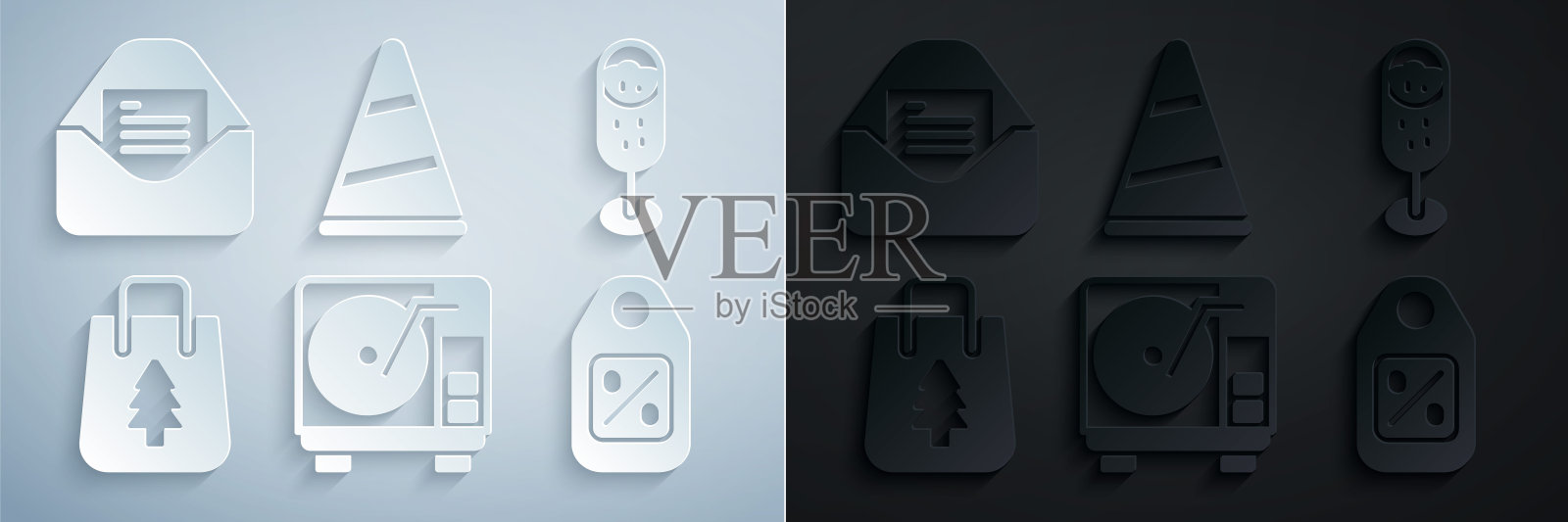 集黑胶播放器与黑胶磁盘，香槟杯，圣诞购物袋，价格标签销售，聚会帽和聚会邀请卡图标。向量图标素材