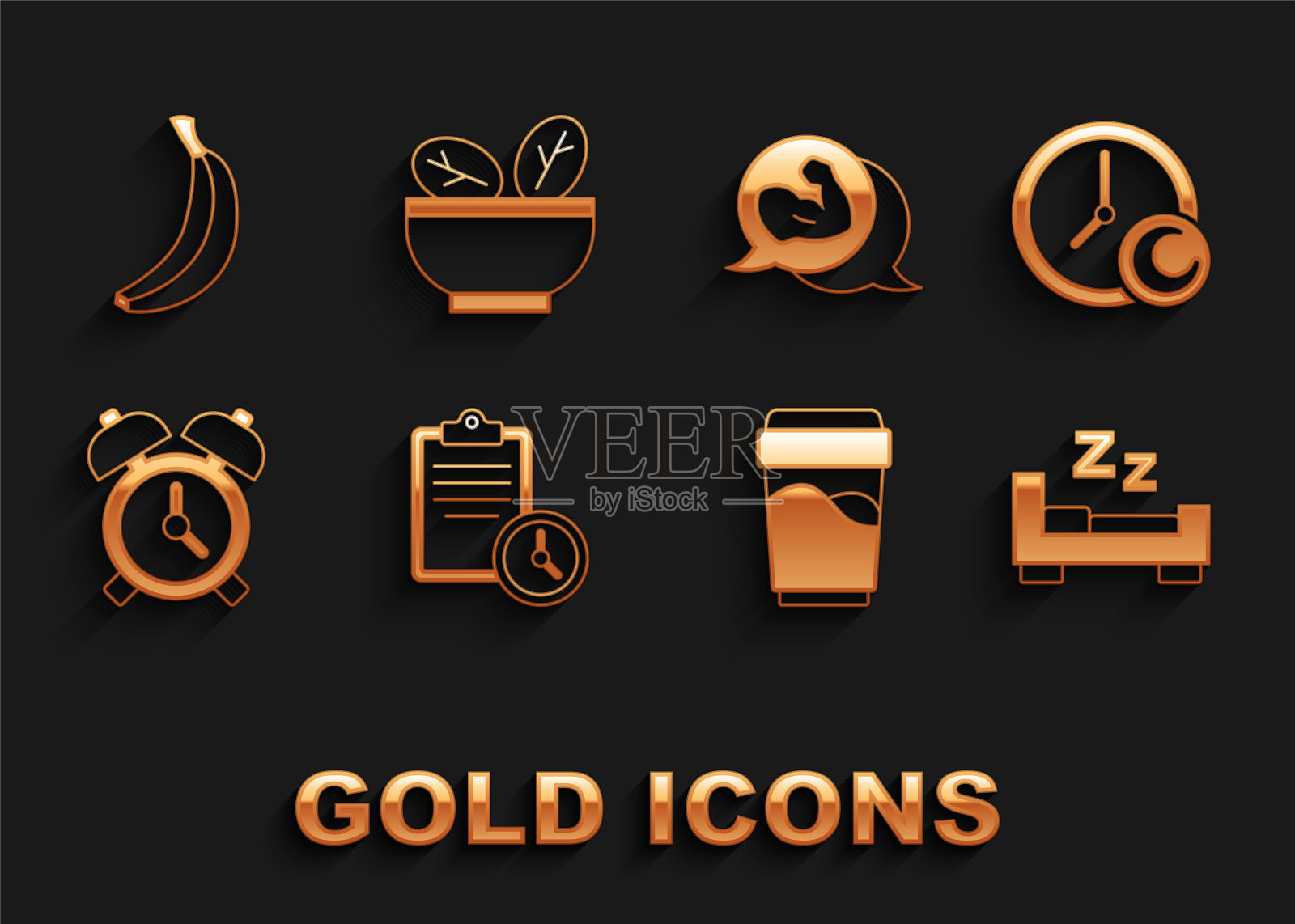 设置运动训练计划，时间睡觉，玻璃与水，闹钟，健美运动员的肌肉，香蕉和沙拉碗图标。向量图标素材