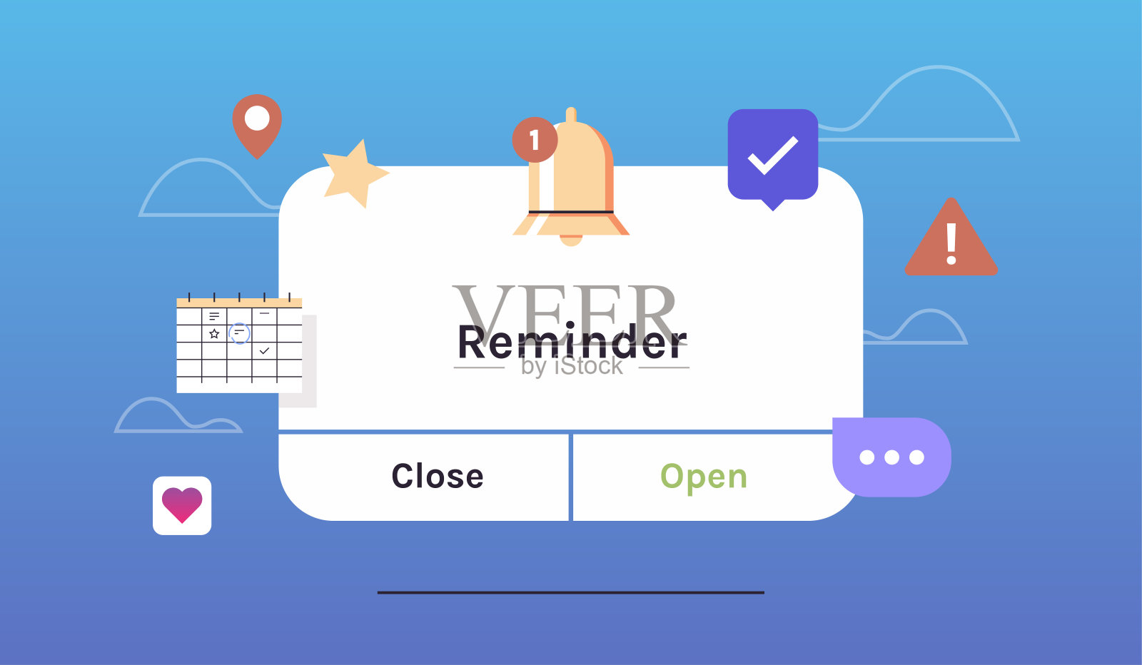 带有浮动元素的提醒、通知页面。插画图片素材