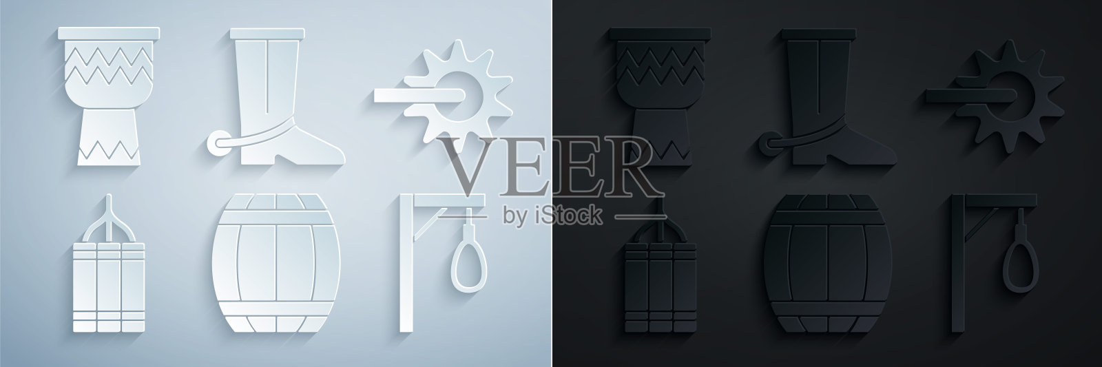 集火药桶，马刺，炸药炸弹，绞刑架，牛仔靴和鼓图标。向量图标素材