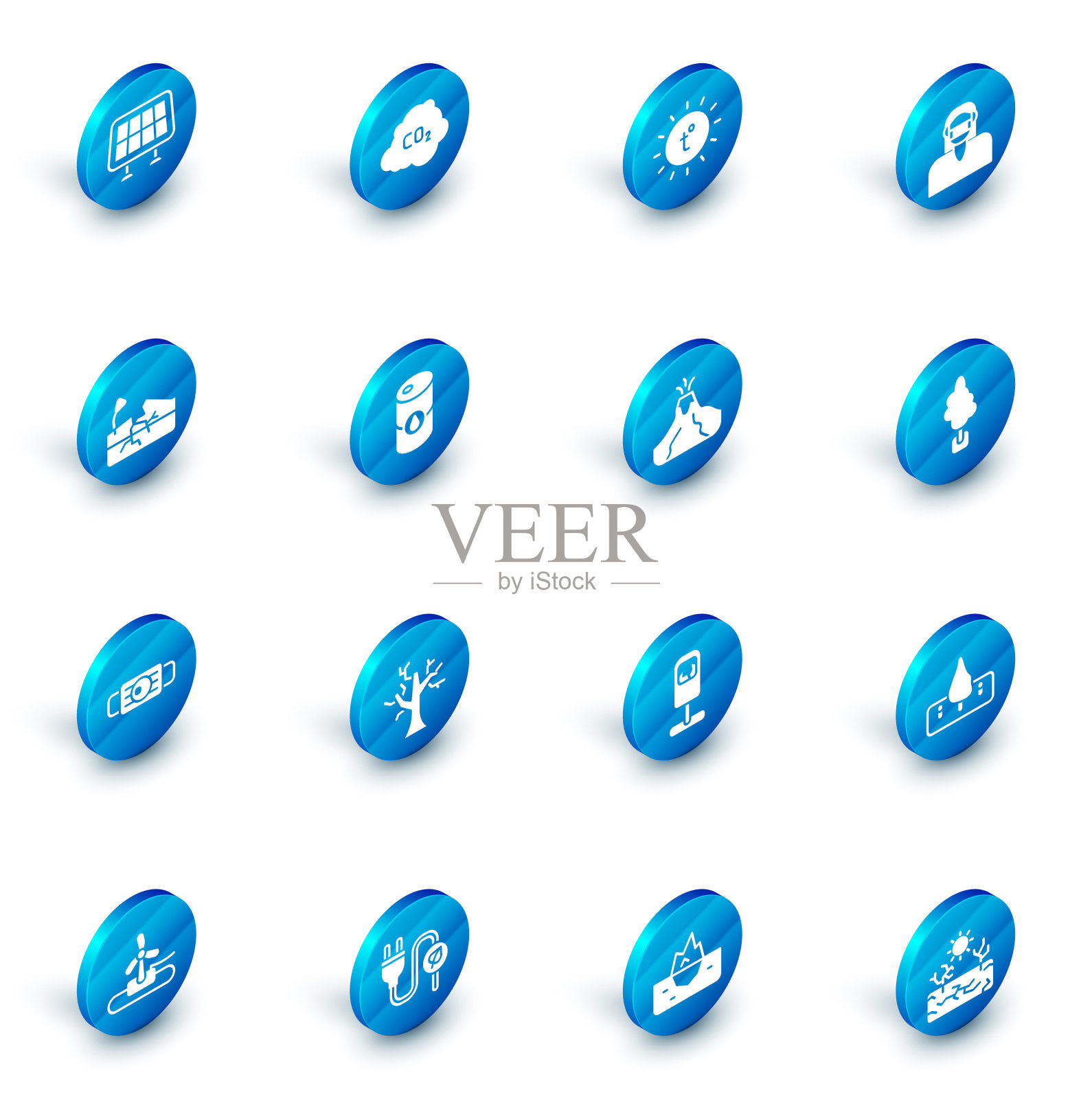 设置二氧化碳排放在云，太阳，面部防护面具，地震，医疗，桶油，树和火山喷发与熔岩图标。向量图标素材