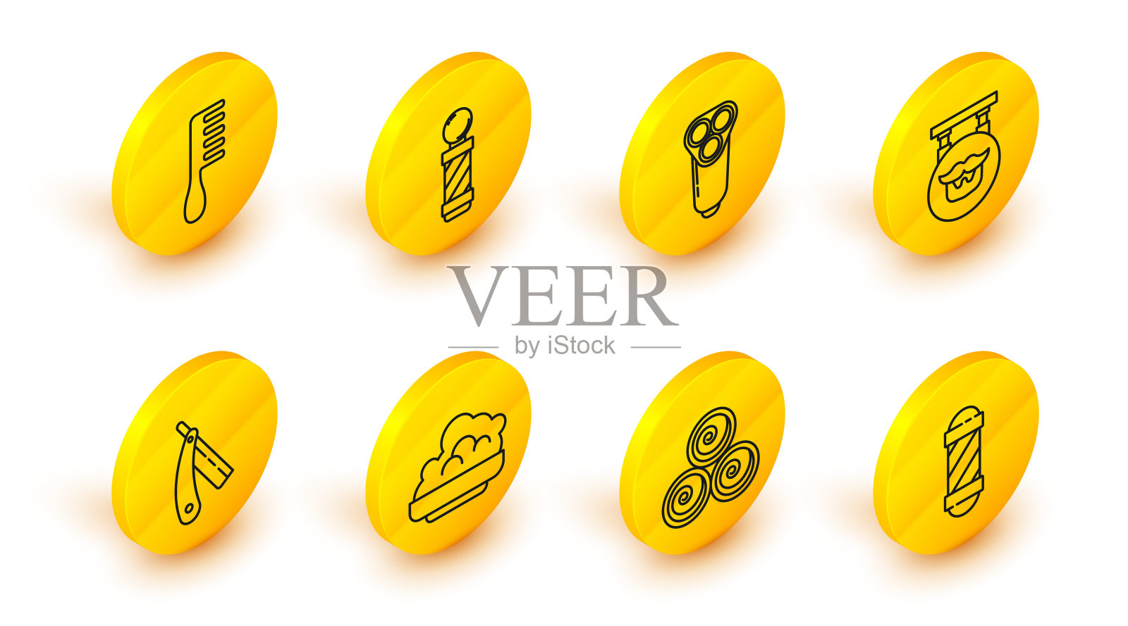 集线经典理发店杆，毛巾卷，剃须凝胶泡沫，直剃刀，理发店，电动刀片的男人，和发刷图标。向量图标素材