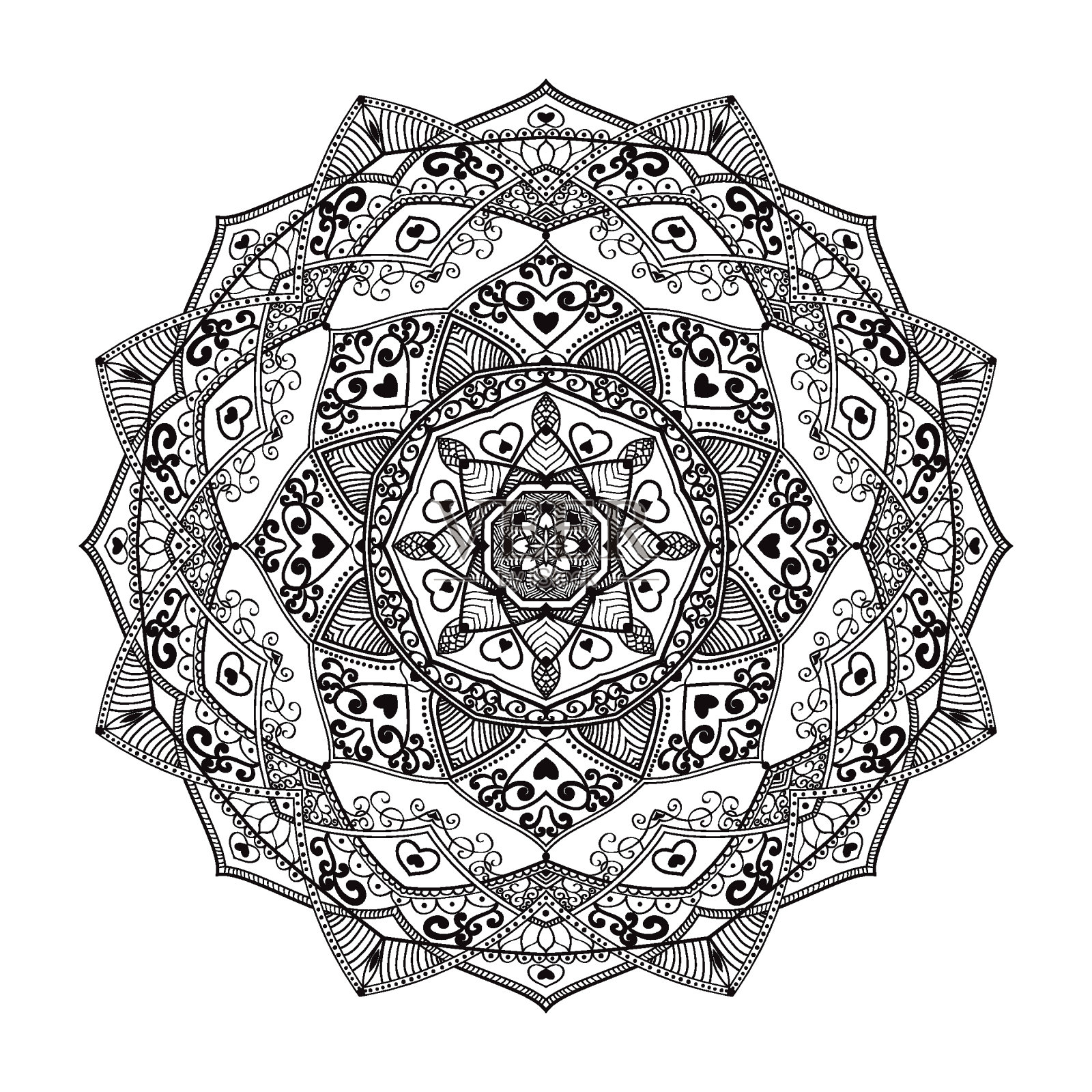 手绘圆形花曼陀罗图案，指甲花，曼陀罗，纹身，装饰。具有东方民族风格的装饰饰品。轮廓涂鸦手画矢量抗应力插画图片素材