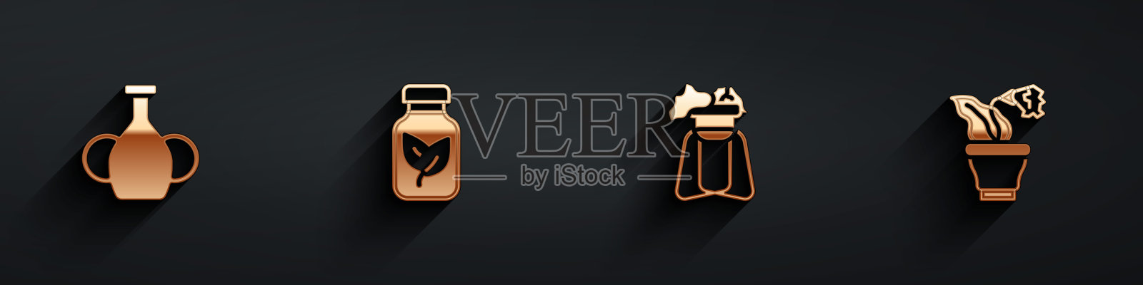 集花瓶，肥料瓶，植物在stand和花在锅图标长阴影。向量插画图片素材