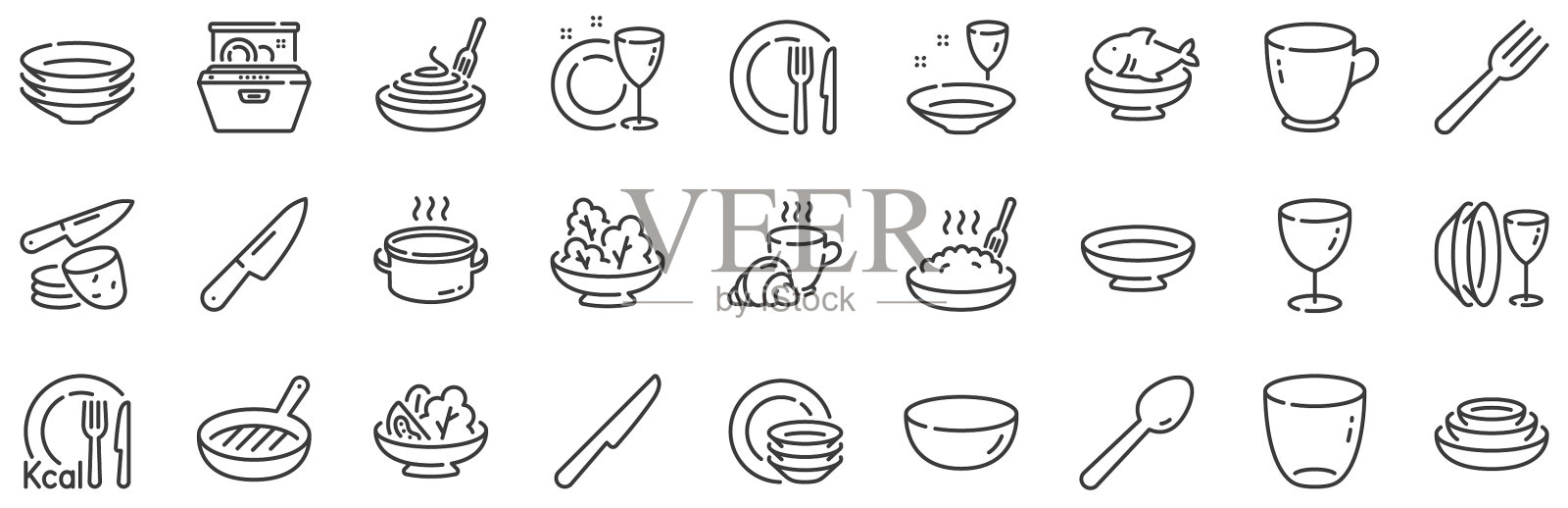 餐具线图标盘子、盘子、碗和图标素材