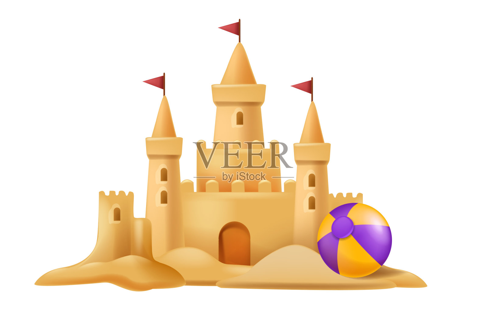 3D沙堡夏季插图，海滩孩子度假向量建筑，桶，铲，海星。插画图片素材